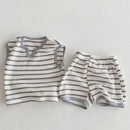 Summer baby clothes 0-5T solid color boys striped sleeveless T-shirt shorts set breathable girls vest short sleeved shorts set - M & M Global