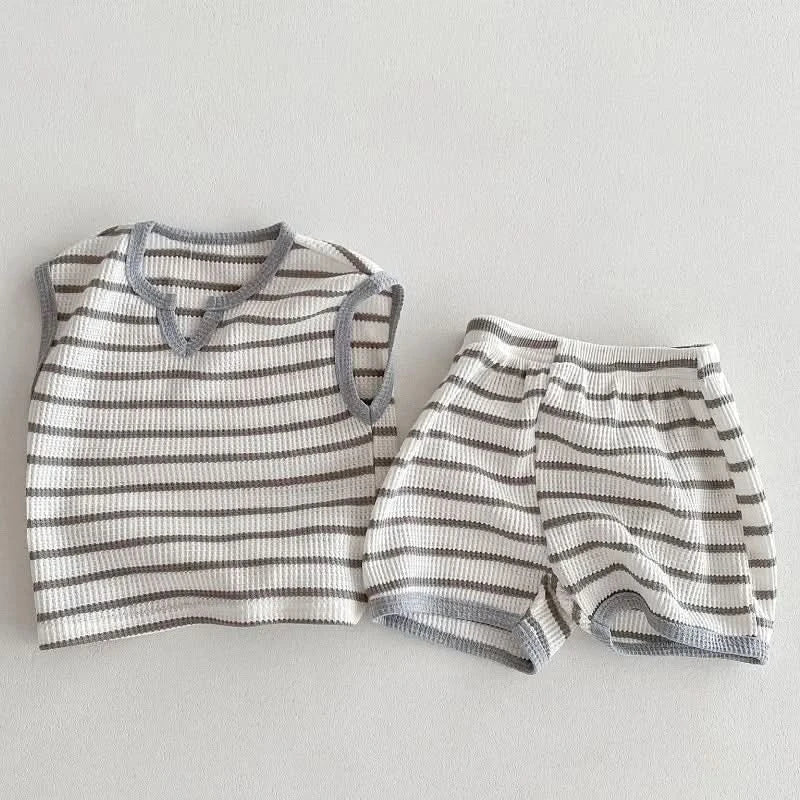 Summer baby clothes 0-5T solid color boys striped sleeveless T-shirt shorts set breathable girls vest short sleeved shorts set - M & M Global