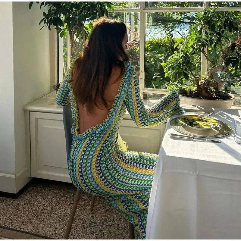 Contrast A-line Vestidos 2025 Female Party Club Vacation Robes Sexy Backless Women's Flare Sleeves Long Dress Fashion Elegant - M & M Global