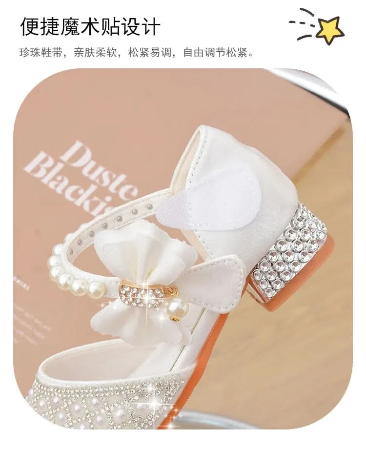 Rhinestones Princess Party Shoes Shiny Crystal Bow White Children High Heels Girls Sandals Summer Kids Student Performance Shoes - M & M Global