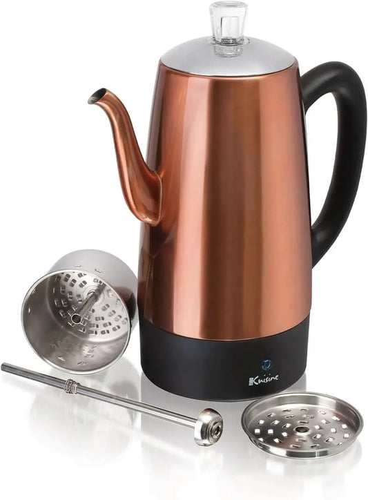 PER12 Stainless Steel Electric Coffee Percolator, 12 Cup, Polished Copper Finish, Dripless Gooseneck Spout, Clear Glass Knob, Br - M & M Global