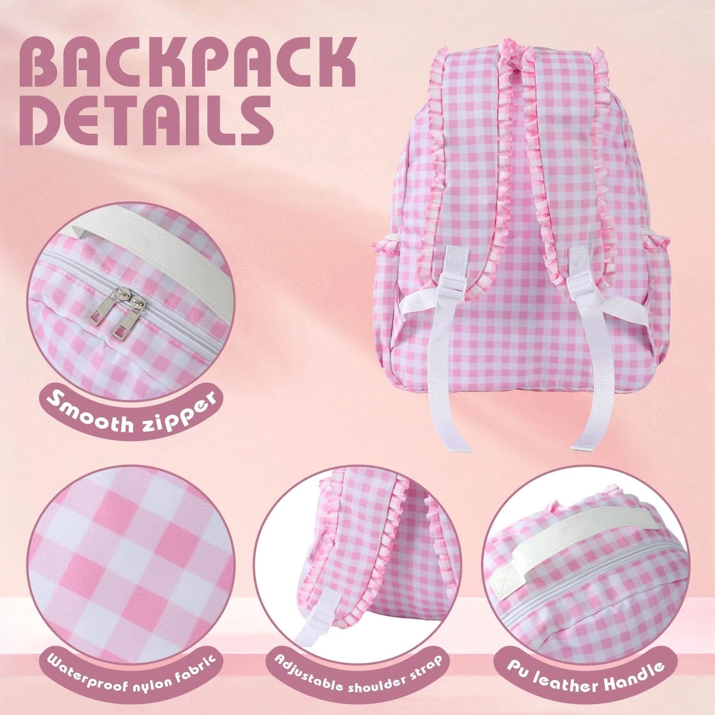 Ruffle Plaid Backpack Girl Pink/Blue Nylon For Women Outdoor Travel Weekend Book Schoolbags Back To School Gifts For Kids - M & M Global