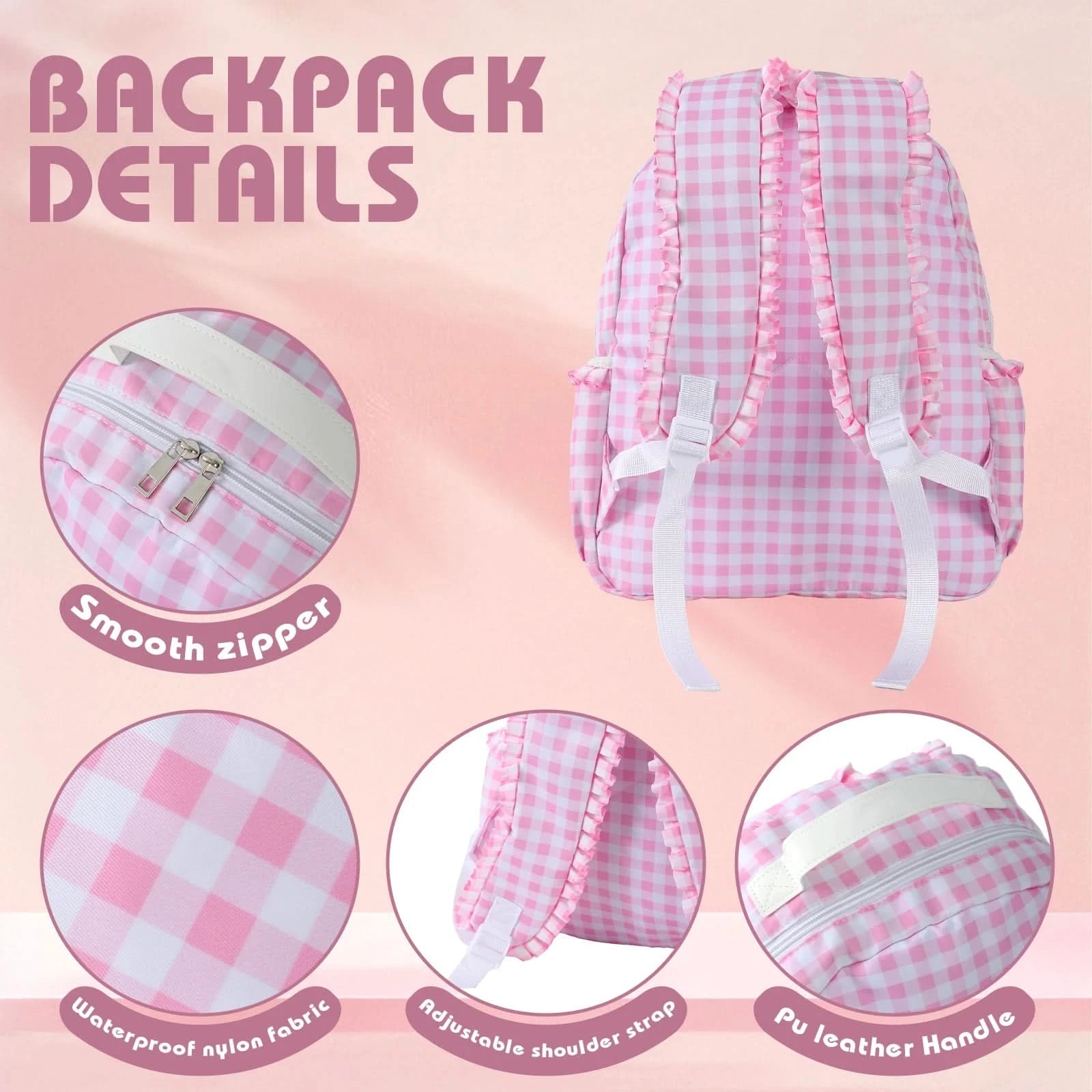 Ruffle Plaid Backpack Girl Pink/Blue Nylon For Women Outdoor Travel Weekend Book Schoolbags Back To School Gifts For Kids - M & M Global