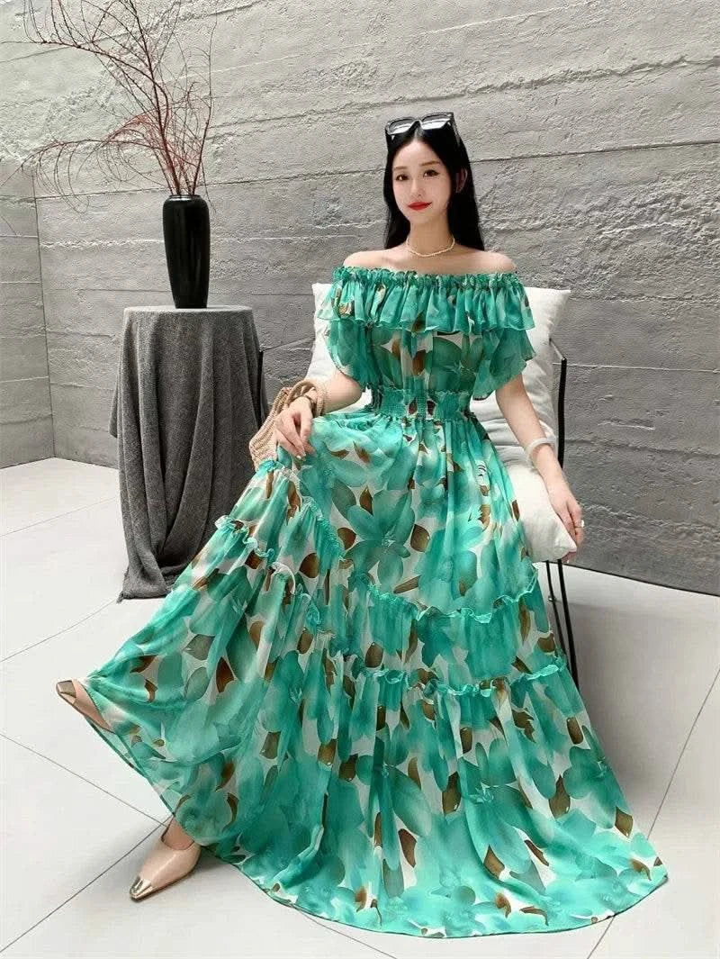 2024 New Summer Women Sexy Slash Neck Short Sleeve Slim Long Dress Fashion Patchwork Big Hem Sweet Ruffles Floral Dress - M & M Global