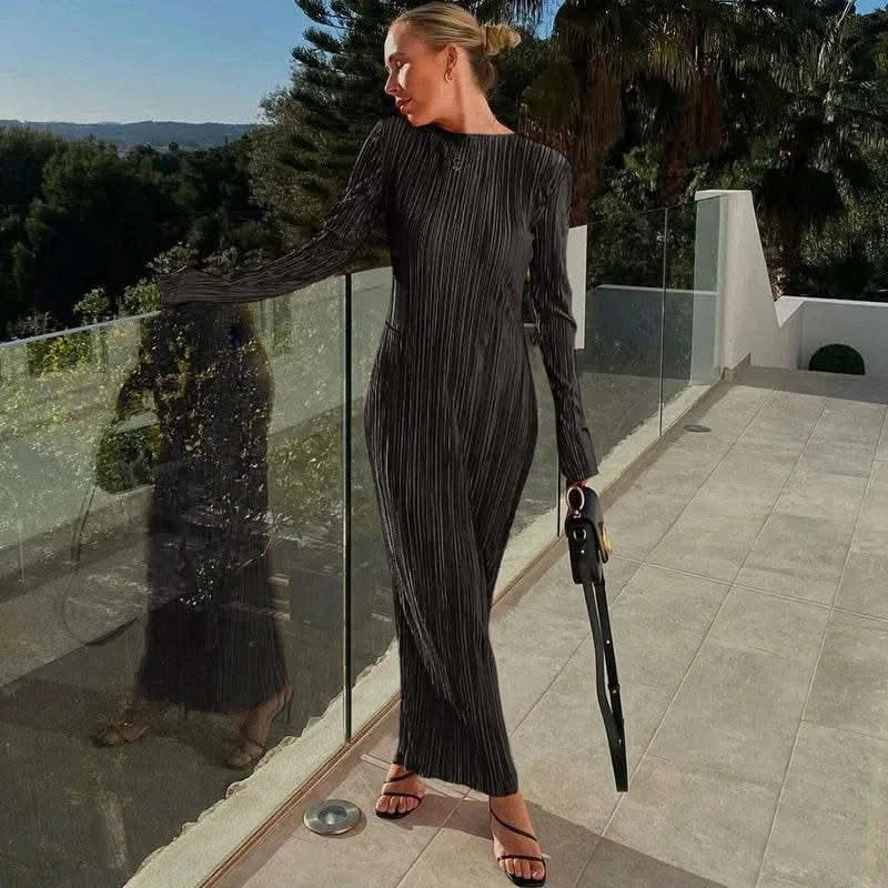 Dulzura Women 2024 Spring Autumn Fashion Long Sleeve Streetwear Bodycon Black Long Dress Wholesale Items For Business - M & M Global