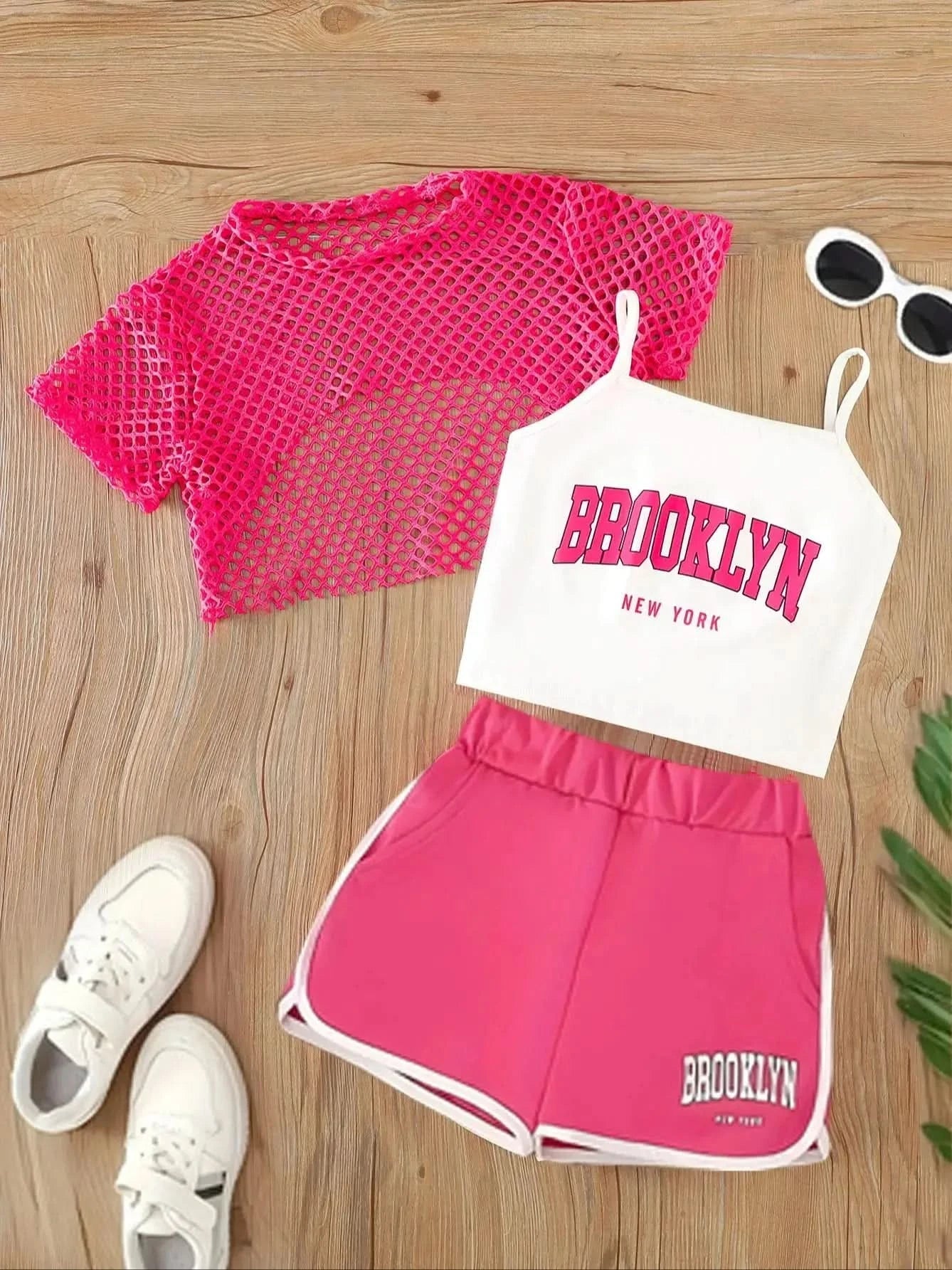 Girls Three-Piece Clothing New Breathable Summer Thin Fashion Short-Sleeved Mesh Top + Letter Printed Short Vest Suspender + Letter Printed Sports Shorts - M & M Global
