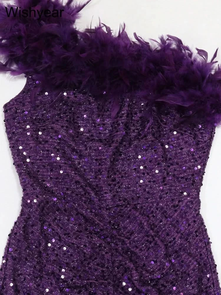 New Luxury Sequined Feather One Shoulder Sleeveless Slanted Collar Backless Purple Long Dress  Women Birthday Party Event Gowns - M & M Global