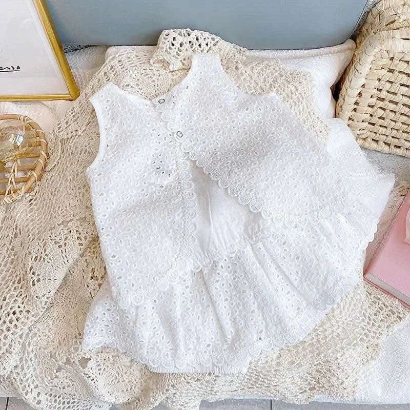 2PCS Kids Sets Summer Girl Clothes Children Hollow Lace Sleeveless Tops Shorts Set Fashion Baby Girl Cardigan Fake Two Suit - M & M Global