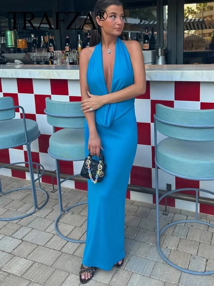 TRAFZA 2024 Woman Halter Off Shoulder Backless Long Dress Female Folded Decoration Hanging Neck V-neck Open Back Evening Dress - M & M Global