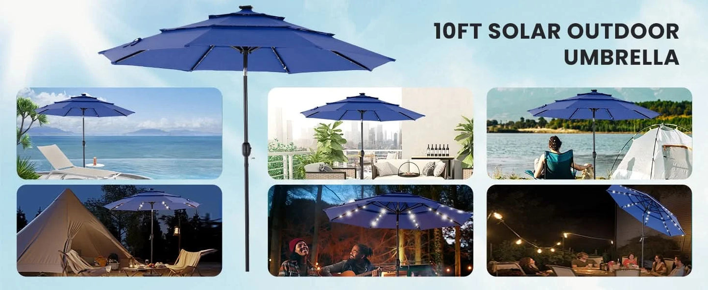 JHK 10FT 3-Tier Patio Outdoor Umbrella with Solar 32 LED Lights Tilting Table Umbrella with 8 Sturdy Ribs for Garden Backyard