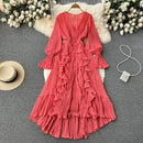 Purple/Brown/Red Chiffon Pleated Long Dress Women Vintage V-Neck Flare Sleeve Draped Ruffle Vestido Female Maxi Robe Spring Fall - M & M Global