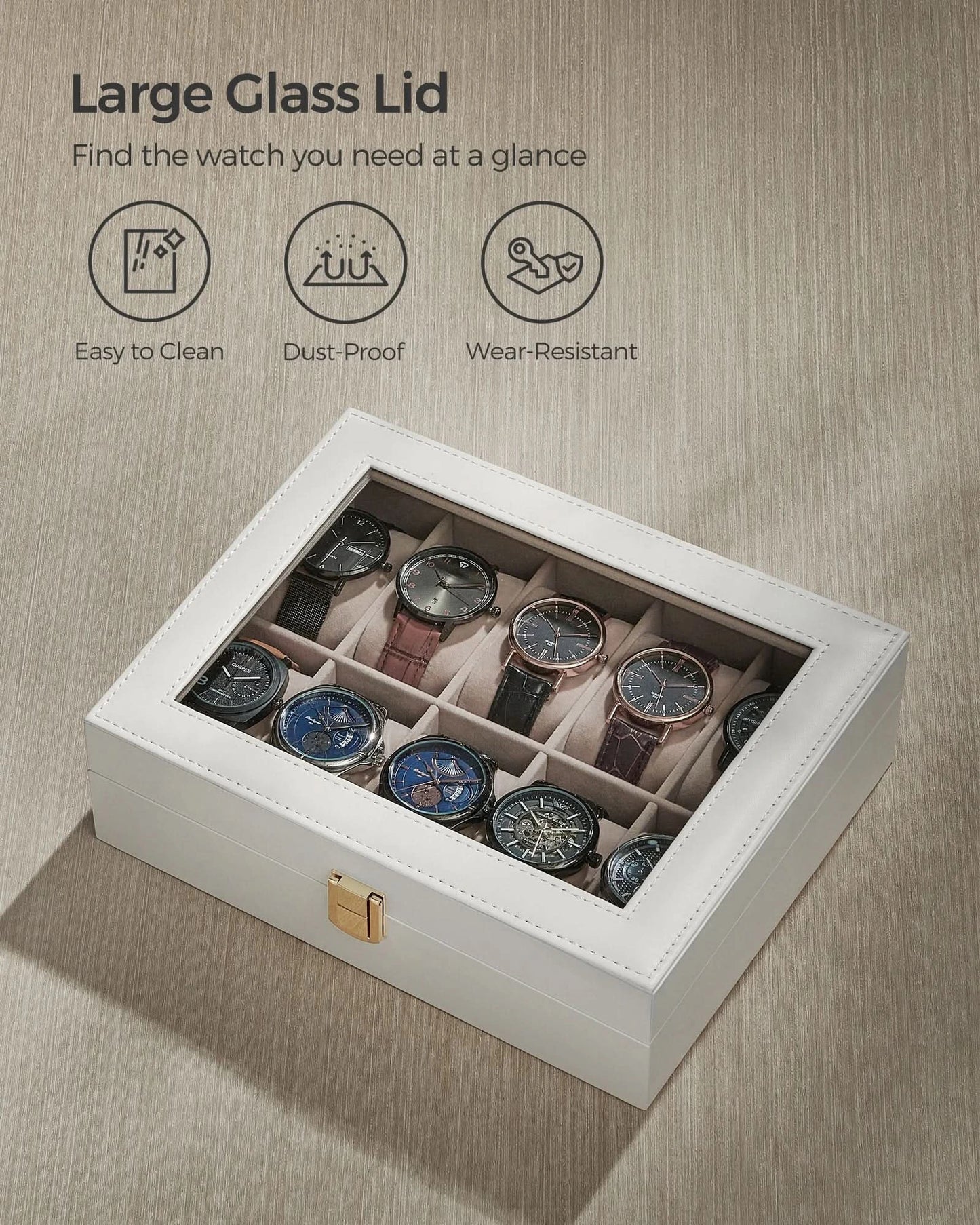 SONGMICS Watch Box, 10-Slot Watch Case with Large Glass Lid, Removable Watch Pillows, Watch Box Organizer, Gift for Loved Ones - M & M Global