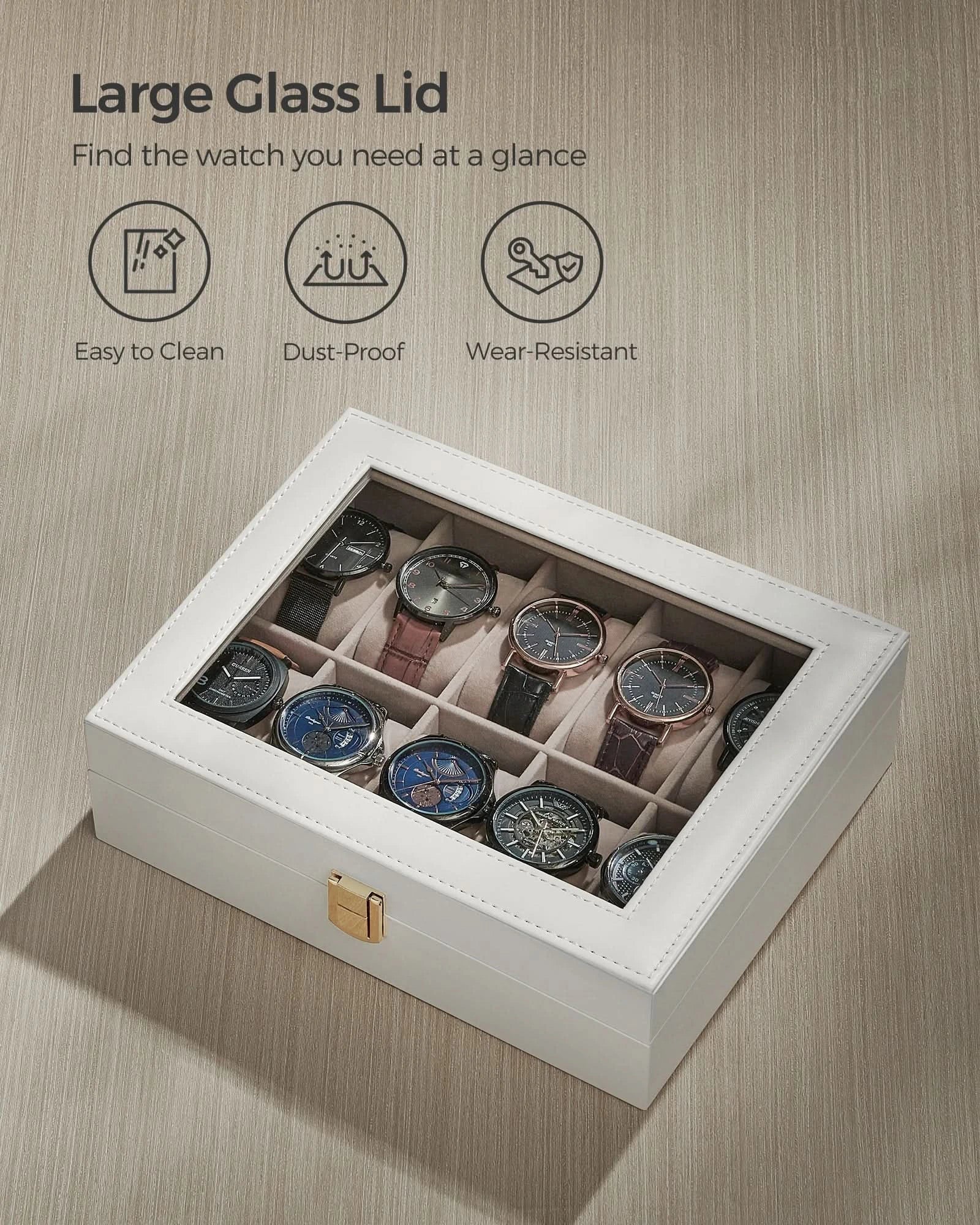 SONGMICS Watch Box, 10-Slot Watch Case with Large Glass Lid, Removable Watch Pillows, Watch Box Organizer, Gift for Loved Ones - M & M Global
