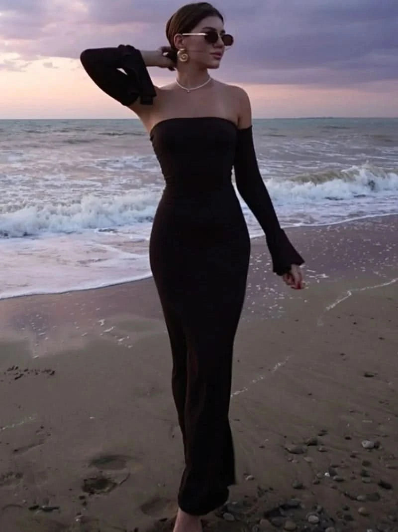 Trendix Black Elegant Evening Dress Women Sexy Off Shoulder Slim High Waist Tube Dresses Beach Party Ruffle Backless Long Dress - M & M Global