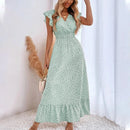 Polka Dot Dress For Women Sexy V-Neck Long Dress Casual And Fashionable Ruffle Edge Short Sleeved High Waisted Dress - M & M Global