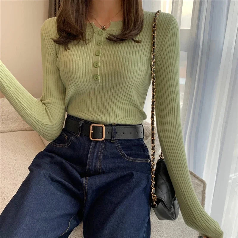 2025 Knitted Women Sweater Button O-neck Pullovers Spring Autumn Basic Sweaters for Female Pullover Slim Solid Bold Stripes Tops