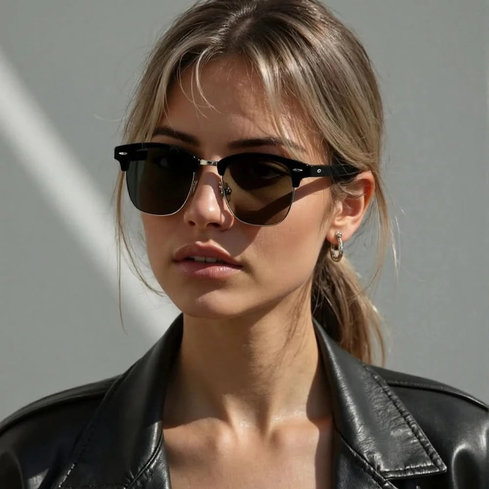 Classic Half Frame Polarized Sunglasses Men Women Retro Rivet Small Sun Glasses Male Popular Black Anti Glare Travelling Shades - M & M Global