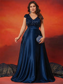 Plus Size Elegant V-Neck Red Sequins Evening Dress Long Luxury Women Satin Sleevesless Party Prom Cocktail Gowns