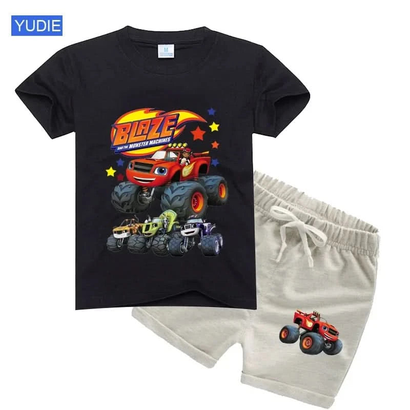 2025 Summer Baby Boy Clothes Set Cartoon Blazing Speed Cars Monster Machines Children Girl Short Sleeve T Shirt+Shorts 2PCS Suit - M & M Global