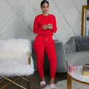 New round Neck Long Sleeve Slim Fit Warm Top Elastic Waistband Lace-up Trousers Simple Solid Color Sports Two-Piece Set