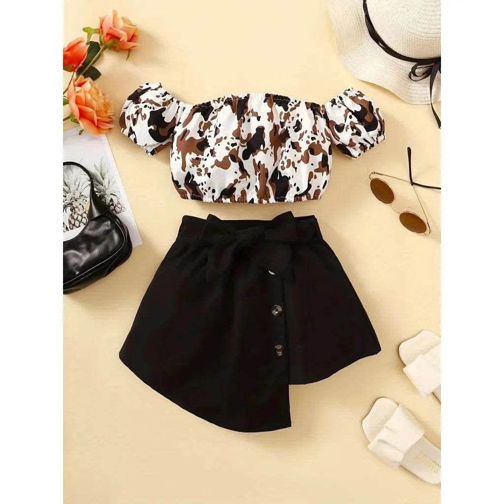 2PCS Toddlers Girl Summer Clothes Set Off Shoulder Leopard Print Top+Short Skirt with Bow Birthday Party Wear for Kids 1-4 Years - M & M Global