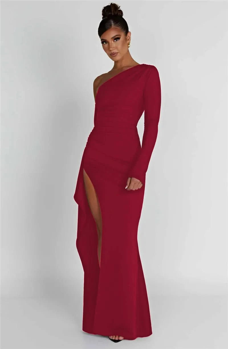 Mozision Oblique Shoulder Thigh High Split Maxi Dress Women Long Sleeve Backless Bodycon Sexy Club Party Long Dress Vestidos - M & M Global