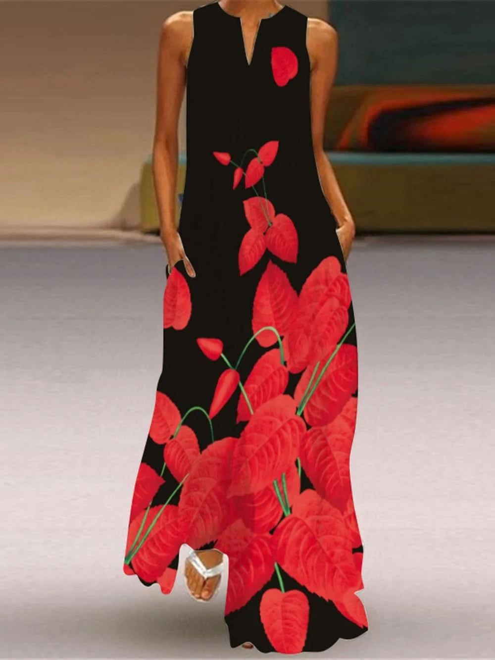 Lady Spring Summer Black Long Dress Sleeveless Red Petals Print Elegant Dresses For Women 2023 Party Beach Women Dress - M & M Global