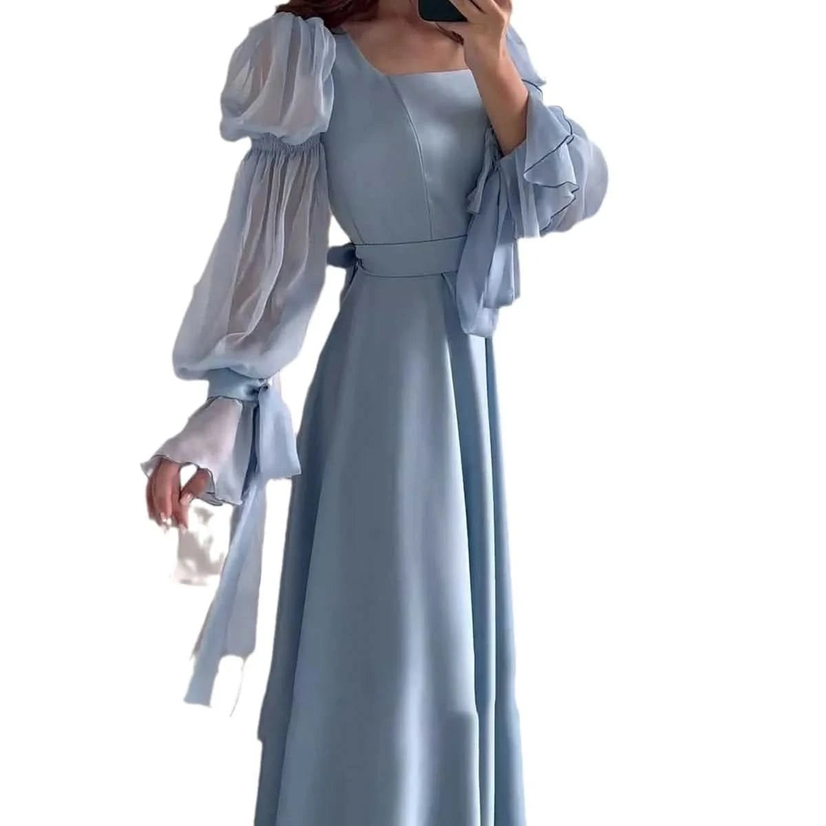 Eid Muslim Party Dress Women Sweet Puff Sleeve Long Dress Square Collar Vestidos Largo Ramadan Abayas Dubai Arab Long Robe 2024 - M & M Global