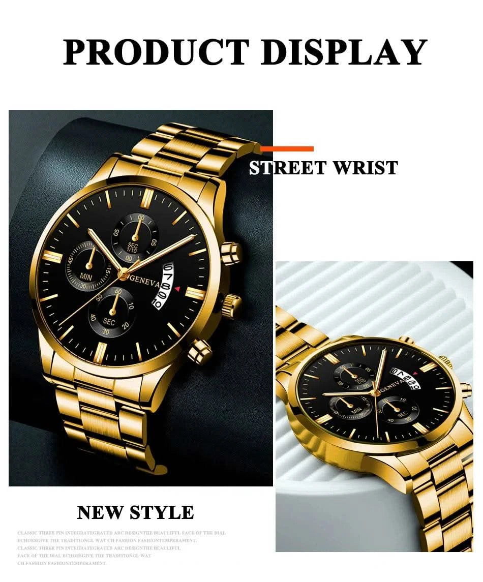 2023 Fashion Men Gold Stainless Steel Watch Luxury Calendar Quartz Wrist Watch Mens Business Watches for Man Clock Reloj Hombre - M & M Global
