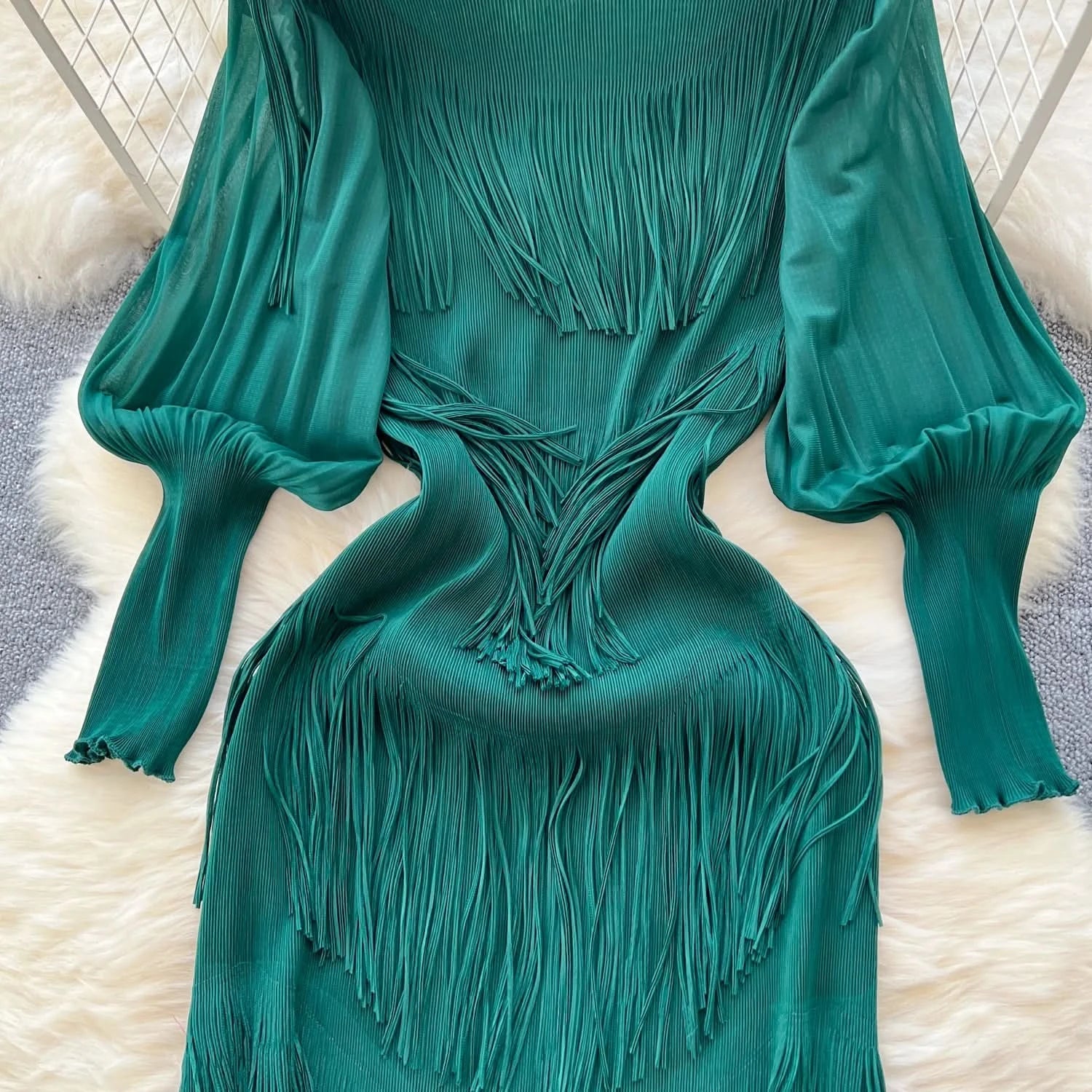 Vintage O-Neck Elegant Long Lantern Sleeve Chic Tassel Slim Long Dress French Fashion Evening High Street Autumn Winter Clothing - M & M Global