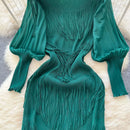 Vintage O-Neck Elegant Long Lantern Sleeve Chic Tassel Slim Long Dress French Fashion Evening High Street Autumn Winter Clothing - M & M Global