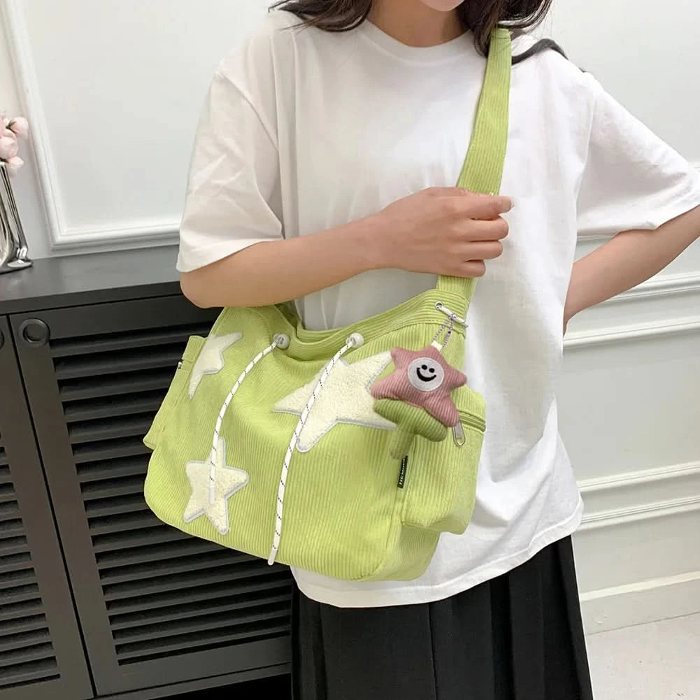 Women Star Pattern Corduroy Crossbody Bag Casual Tote Lady Fashion Large Capacity Shoulder Bag Girl Travel Messenger Bag Handbag - M & M Global