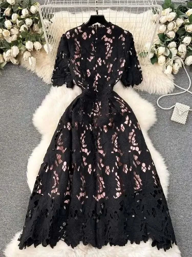 Elegant Flower Embroidery Lace Hollow Out Midi Dresses Women's 2025 Summer O Neck Short Sleeve Casual Long Dress Party Vestidos - M & M Global