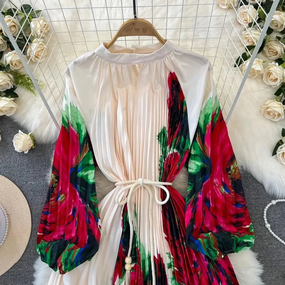 Spring Holiday Print Long Dress For Women Fashion Loose Lantern Sleeve Party Robe Female Big Swing Tassels Belt Pleated Clothes - M & M Global