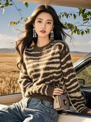 Autumn and Winter Pullover Round Neck Long-sleeved Striped Sweater for Women Retro Versatile Fashionable Casual Top