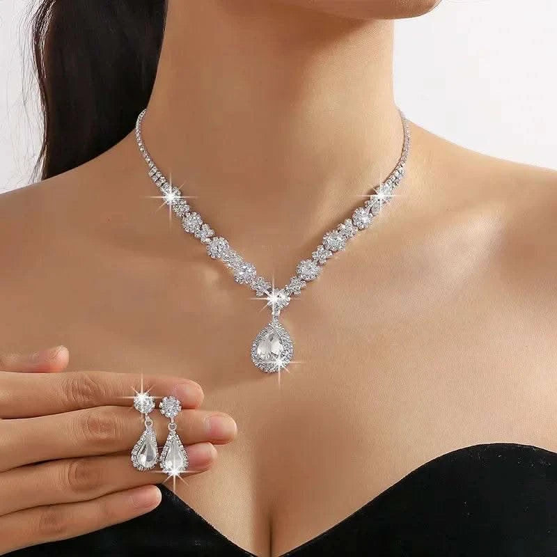 2pcs/set Jewelry Sets Women Elegant Waterdrop Rhinestone Pendant Necklace stud Earrings Wedding Dress Bridal Jewelry Set - M & M Global