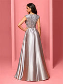 New Luxury Gold Satin V-Neck Sequins Embroidery Formal Evening Dresses Women Long Elegant Wedding Party A-line Cocktail Gowns