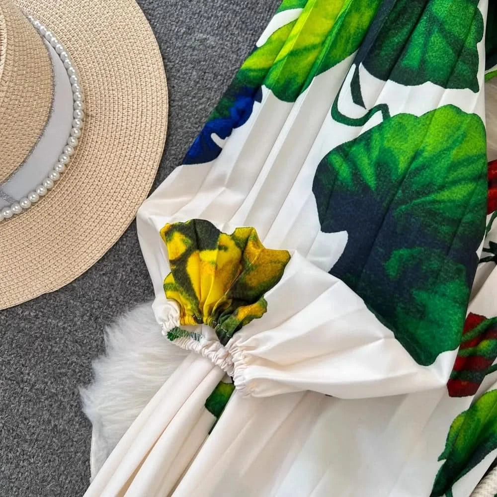 Spring Holiday Print Long Dress For Women Fashion Loose Lantern Sleeve Party Robe Female Big Swing Tassels Belt Pleated Clothes - M & M Global