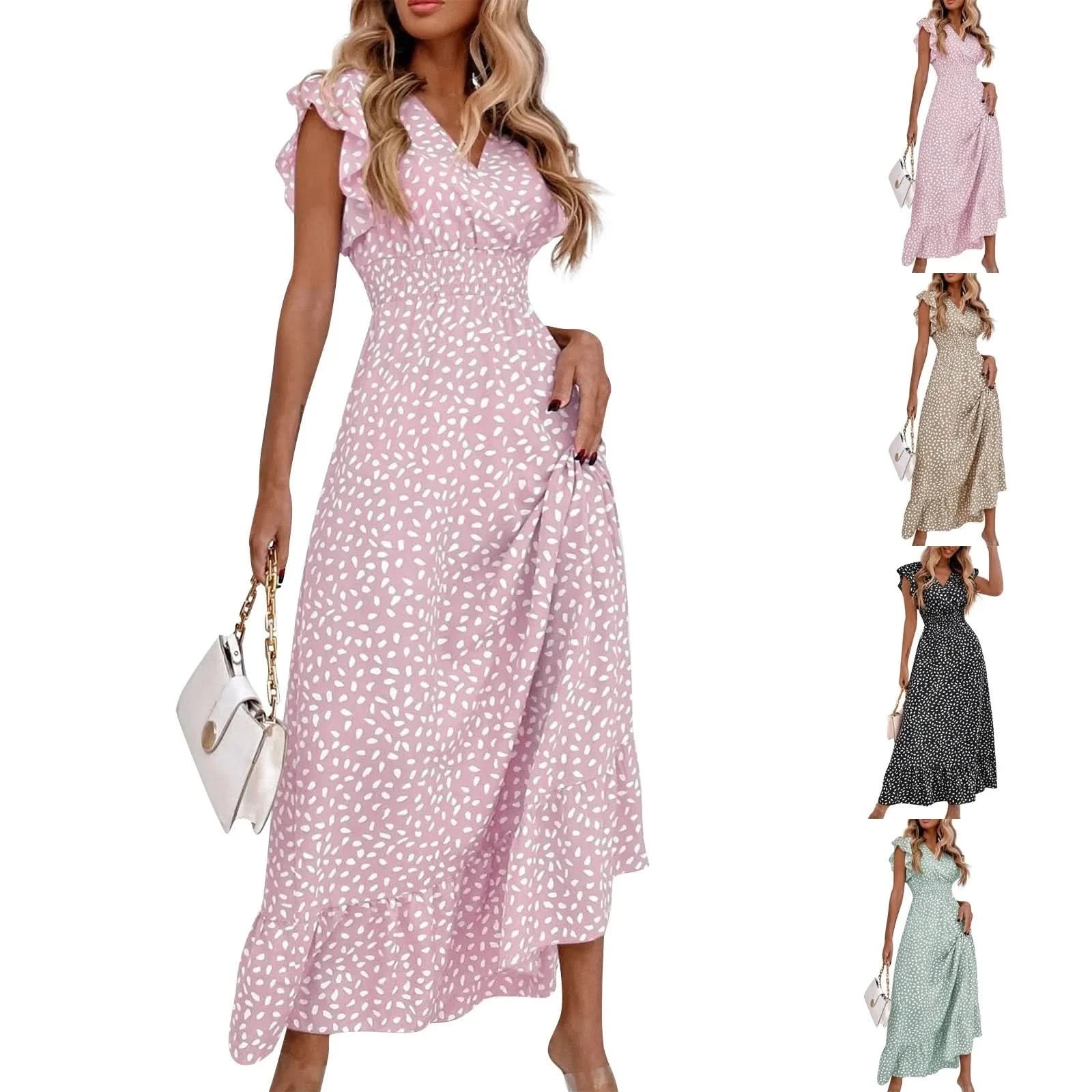 Polka Dot Dress For Women Sexy V-Neck Long Dress Casual And Fashionable Ruffle Edge Short Sleeved High Waisted Dress - M & M Global