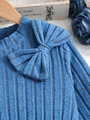 1-Piece Spring and Autumn Fashion Casual Style Knit Dress for Girls Aged 8-12, Featuring a Round Neck, Ribbed Design, Solid Color, and Dual Print Patterns, Suitable as a Gift for Eid, Easter, Carnival, Chinese New Year, and O