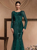 Elegant Long Sleeves Sequin Tulle Evening Dresses 2025 Women Luxury Mermaid Formal Bridesmaid Party Maxi Prom Dress