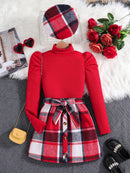 Girls’ 3-Piece Red Top, Plaid Skirt & Hat Set