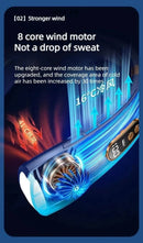 Air conditioner with text highlighting '8 core wind motor' and 'Stronger Wind' feature on a dark background.