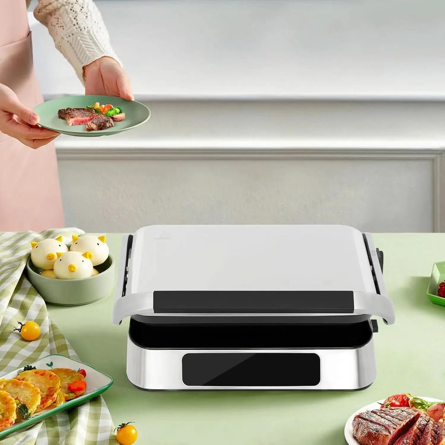 Sandwich Maker,1600W Touch-sensitive 2 In 1 Steak Making Machine, Adjustable Sandwich Making Machine with LED Display Screen for - M & M Global