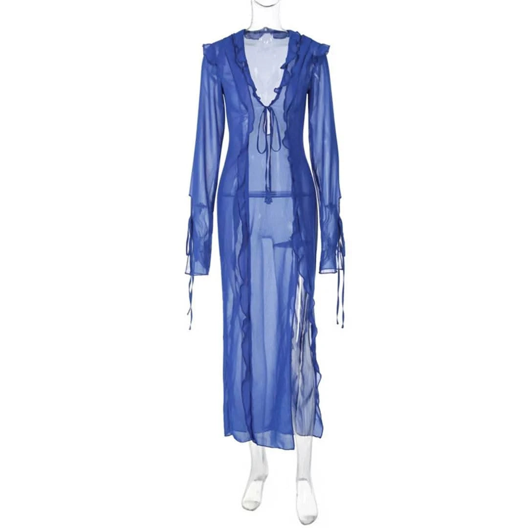 Deep V Neck High Split Long Dress Ruffles Beach Cover Up Bikini Cover-ups Beach Dress Beach Wear Beachwear Female Women V4440 - M & M Global