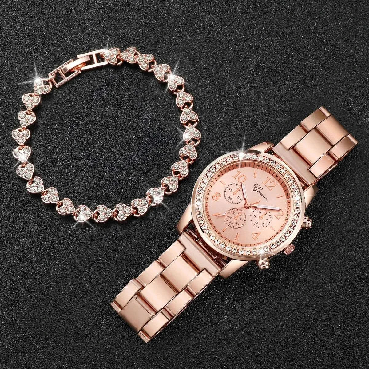 2PCS Women's Watch Fashion Rhinestone Ladies Analog Quartz Watches Bracelet Set Reloj Mujer Girls Clock Gift - M & M Global