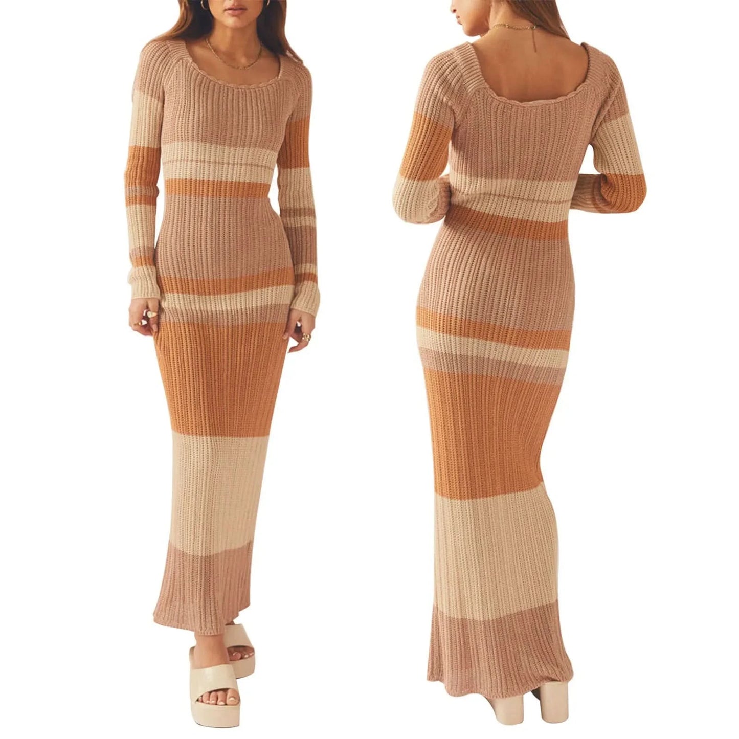 Women Ribbed Knit Ruffle Trim Long Dress Long Sleeve Bodycon  Party Cocktail Dress Flare Summer Beach Cover Up - M & M Global