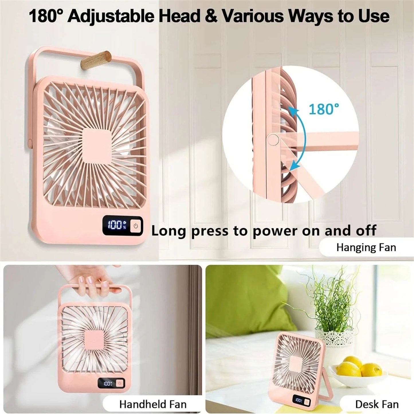 Desk Fan, Portable USB Rechargeable Fan, 180° Tilt Folding Personal Fan With Power Display, 5 Speeds Ultra Quiet Table Fan - M & M Global