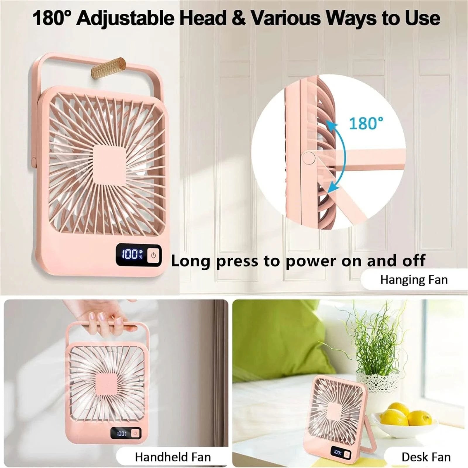Desk Fan, Portable USB Rechargeable Fan, 180° Tilt Folding Personal Fan With Power Display, 5 Speeds Ultra Quiet Table Fan - M & M Global