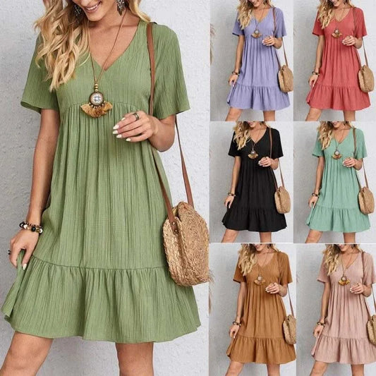2025 Loose V-neck Short Sleeved Pleated Women Dress Solid Color A-line Beach Dresses Elegant Simple Comfortable Woman Clothing - M & M Global